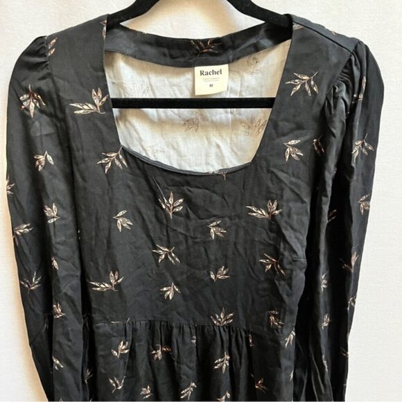 Rachel Mona Long Sleeve A Line Dress Black Leaf Print Tie Back Sz M - Picture 4 of 13